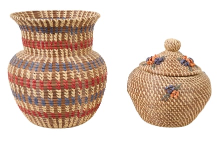 Two Choctaw Pine Needle Baskets, Larger- H.- 10 1/2 in., Dia.- 10 in. (2 Pcs.)