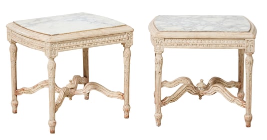 Pair of French Louis XVI Style Creme Peinte Marble Top Side Tables, 20th c.,    Each- H.- 20 in.,