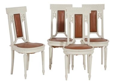 Four French Louis XVI Inspired Creme Peinte Dining Chairs, 20th c., Each- H.- 38 in., W.- 17 1/4