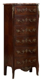 French Louis XV Style Marble Top Tall Chest, late 19th c., H.- 59 in., W.- 27 1/2 in., D.- 15 1/2