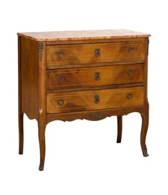 French Transitional Louis XV/XVI Style Marble Top Inlaid Walnut Commode, 19th c., H.- 31 in., W.- 29