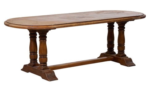 French Provincial Oak Monastery Table, 20th c., H.- 29 in., W.- 84 in.,D.- 39 in.