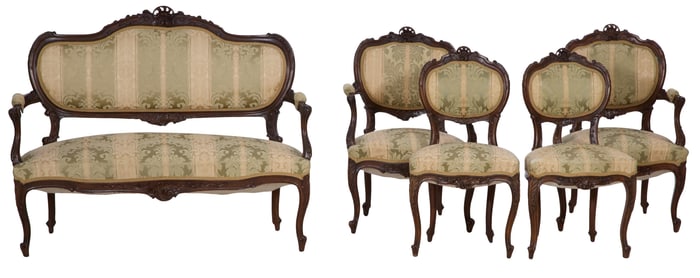 Five Piece French Louis XV Style Carved Walnut Seating Group, 19th c., Sofa- H.- 40 1/2 in., W.- 51