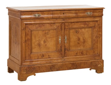 French Louis Philippe Burled Walnut Sideboard, mid 19th c., H.- 40 1/2 in., W.- 56 in., D.- 25 in.