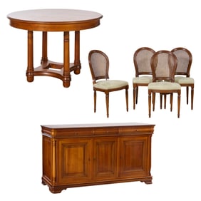 Six Piece French Louis Philippe Style Cherry Dining Group, 20th c., Enfilade- H.- 39 1/2 in., W- 74