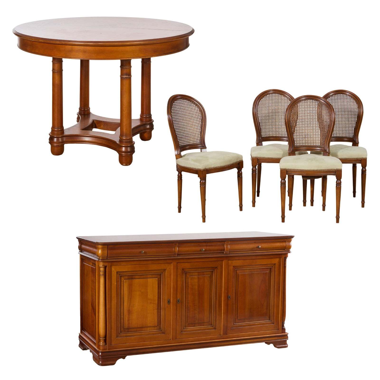 Six Piece French Louis Philippe Style Cherry Dining Group, 20th c., Enfilade- H.- 39 1/2 in., W- 74: Six Piece French Louis Philippe Style Cherry Dining Group, 20th c., including a sideboard, round dining table and four side chairs, the sideboard with rectangular top with rounded corners, over three