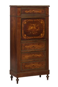 French Napoleon III Marble Top Brass Mounted Marquetry Kingwood Secretaire a Abattant, late 19th c.,