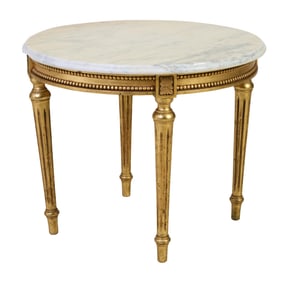 French Louis XVI Style Marble Top Giltwood Side Table, 20th c., H.- 19 1/2 in., Dia.- 24 in.