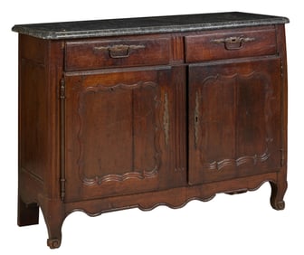 French Provincial Marble Top Walnut Sideboard, mid 19th c., H.- 40 in., W.- 54 1/2 in., D.- 19 1/2