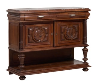 French Henri II Style Marble Top Carved Walnut Desserte, late 19th c., H.- 47 in., W.- 50 1/2 in.,