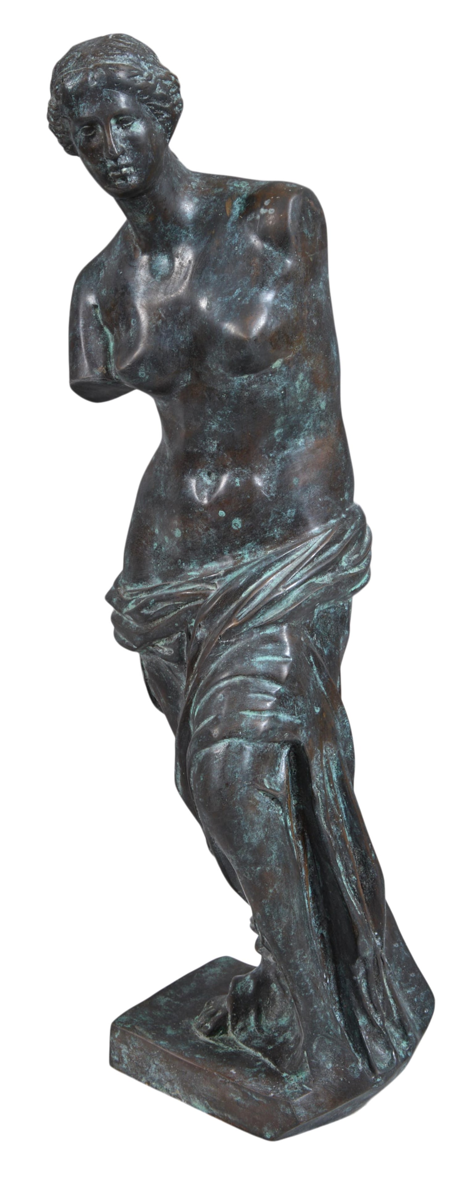 After Alexandros of Antioch (Greek, 2nd Century), "Venus de Milo," H.- 24 in., W.- 8 in., W.- 5 1/2: After Alexandros of Antioch (Greek, 2nd Century), "Venus de Milo," patinated bronze, unsigned, on an integral self base, H.- 24 in., W.- 8 in., W.- 5 1/2 in.Provenance: The Estate of Joseph A. Jaeger,