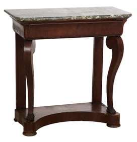 French Empire Marble Top Walnut Console, 19th c., H.- 31 1/4 in., W.- 31 in., D.- 15 1/2 in.