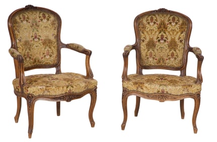 Pair of French Louis XV Style Fauteuils, 20th c., Each- H.- 34 in., W.- 23 in., D.- 20 in. (2 Pcs.)