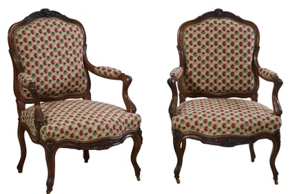 French Louis XV Style Carved Walnut Fauteuils, 20th c., Each- H.- 39 1/2 in., W.- 27 in., D.- 26 in.