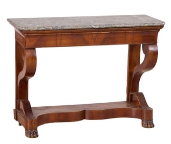 French Empire Marble Top Walnut Console, mid 19th c., H.- 33 1/2 in., W.- 46 in., D.- 17 in.