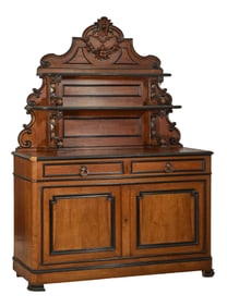 French Napoleon III Carved and Ebonized Walnut Sideboard, late 19th c., H.- 89 in., W.- 52 1/2 in.,