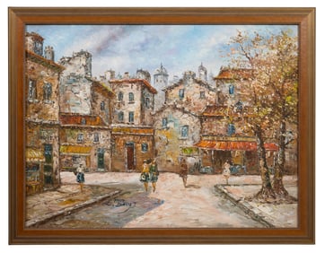 Louis Basset (French, b. 1948), "Parisian Street Scene," Sight- H.- 29 1/2 in., W.- 39 1/2 in.,