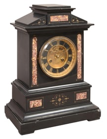 French Napoleon III Inlaid Marble Mantel Clock, c. 1870, H.- 15 in., W.- 11 in., D.- 6 1/2 in.