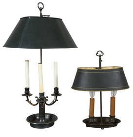 Two French Patinated Bronze Bouillotte Lamps, 20th c., Larger- H.- 26 1/2 in., Dia.- 15 1/4 in.;