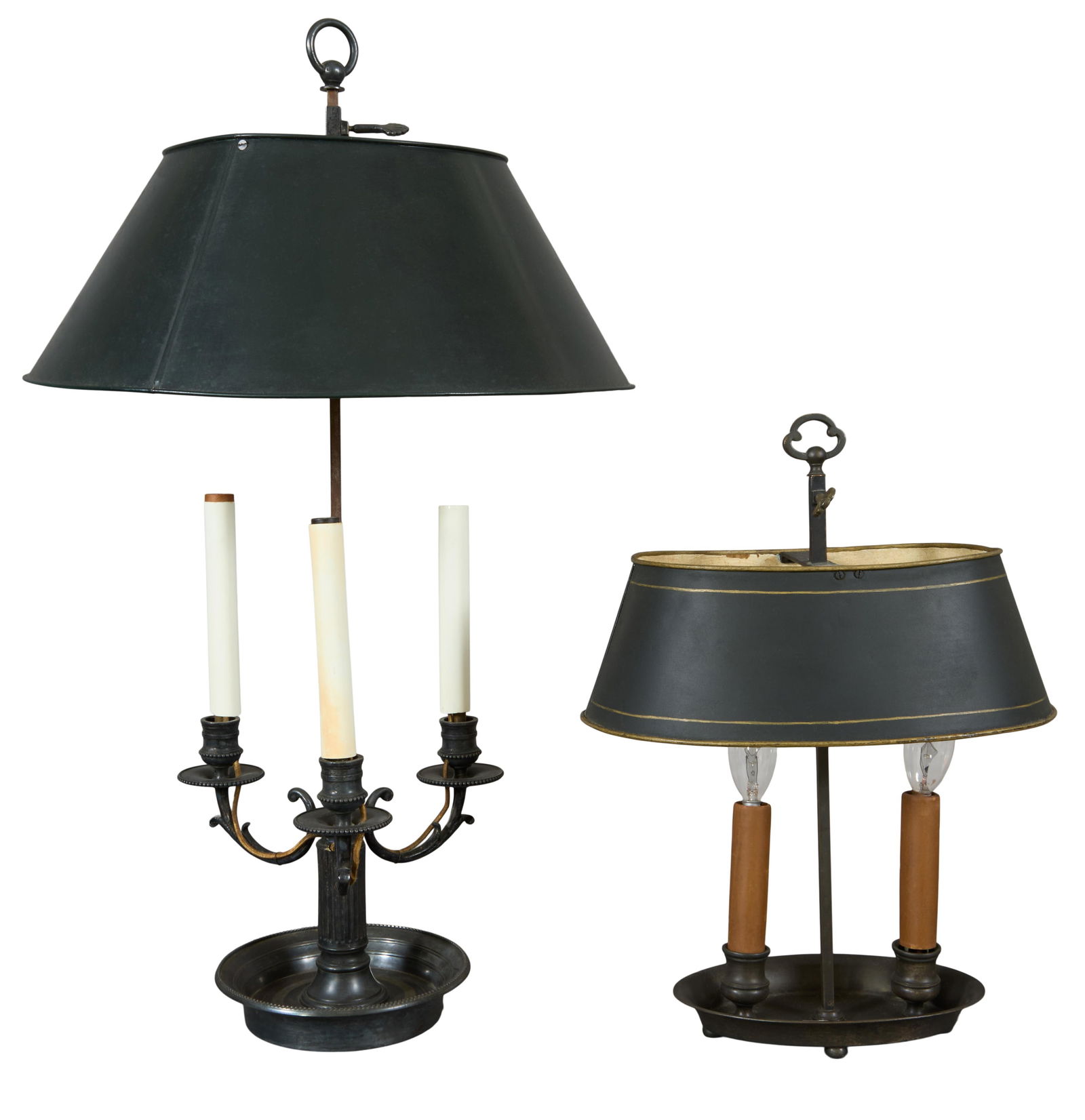 Two French Patinated Bronze Bouillotte Lamps, 20th c., Larger- H.- 26 1/2 in., Dia.- 15 1/4 in.; (1 of 1)