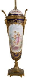 French Sevres Style Cobalt Porcelain Covered Vase, 20th c., H.- 26 in., W.- 7 in., D.- 4 1/2 in.