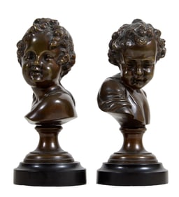 Pair of Diminutive Patinated Bronze Putti Busts, 20th c., Each- H.- 6 in., W.- 3 in., D.- 2 3/4 in.
