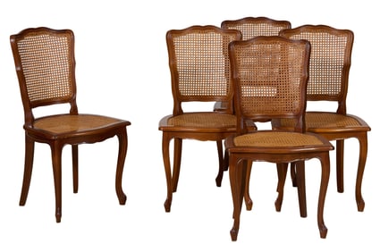 Five French Louis XV Style Caned Dining Chairs, 20th c., H.- 38 1/2 in., W.- 19 1/2 in., D.- 17 in.