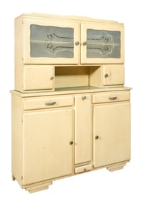 French Art Deco Creme Peinte Metal Kitchen Hutch, early 20th c., H.- 75 in., W.- 57 in., D.- 17 1/2