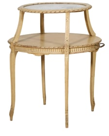 French Louis XVI Style Creme Peinte Marble Top Tea Table, 20th c., H.- 34 in., W.- 31 1/4 in., D.-