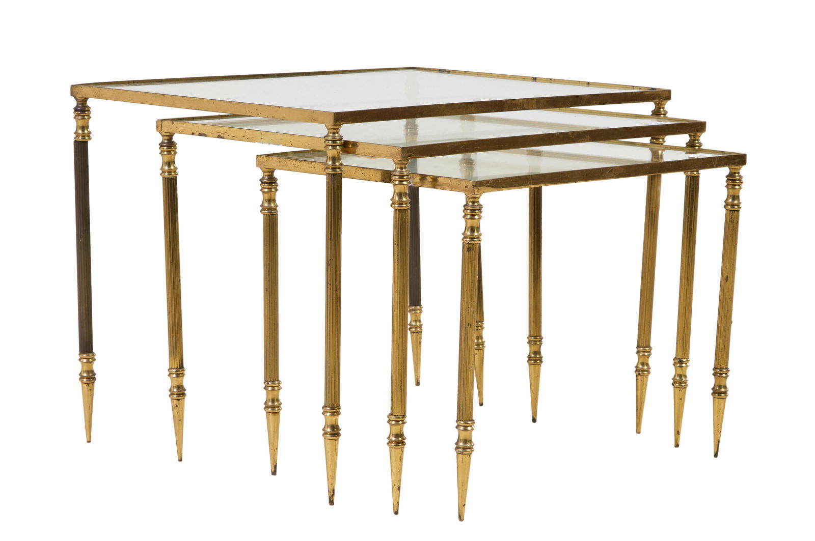 Three French Maison Janson Style Brass and Glass Nesting Tables, 20th c., Largest- H.- 16 in., W.- (1 of 2)
