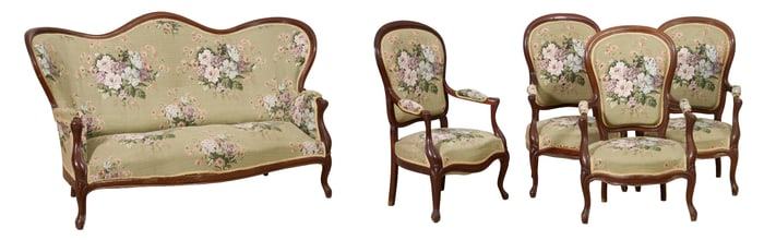 Five Piece French Louis Philippe Walnut Parlor Group, late 19th c., Sofa- H.- 33 in., W.- 29 in.,