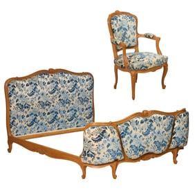 French Louis XV Style Bed and Fauteuil, 20th c., Bed- H.- 46 in., W.- 84 in, D.- 59 in.; Armchair-