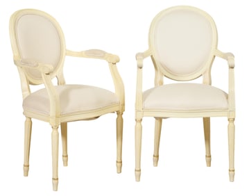 Pair of Louis XVI Style Creme Peinte Fauteuil, 20th c., H.- 38 in., W.- 22 1/2 in., D.- 16 in. (2