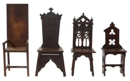 Four Renaissance Revival Hall Chairs, late 19th c., Tallest- H.- 47 1/4 in., W.- 17 in., D.- 17 in.