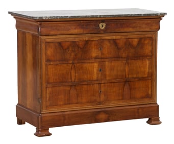 French Louis Philippe Marble Top Walnut Commode, mid 19th c., H.- 39 1/4 in., W.- 49 5/8 in., D.- 23