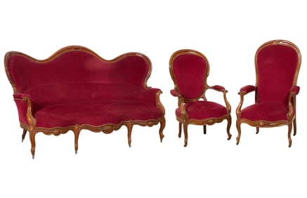 Three Piece French Louis Philippe Parlor Group, mid 19th c., Sofa- H.- 44 in., W.- 72 in., D.- 33