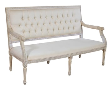 French Louis XVI Style Creme Peinte Settee, early 20th c., H.- 37 3/4 in., W.- 59 1/2 in., D.- 24