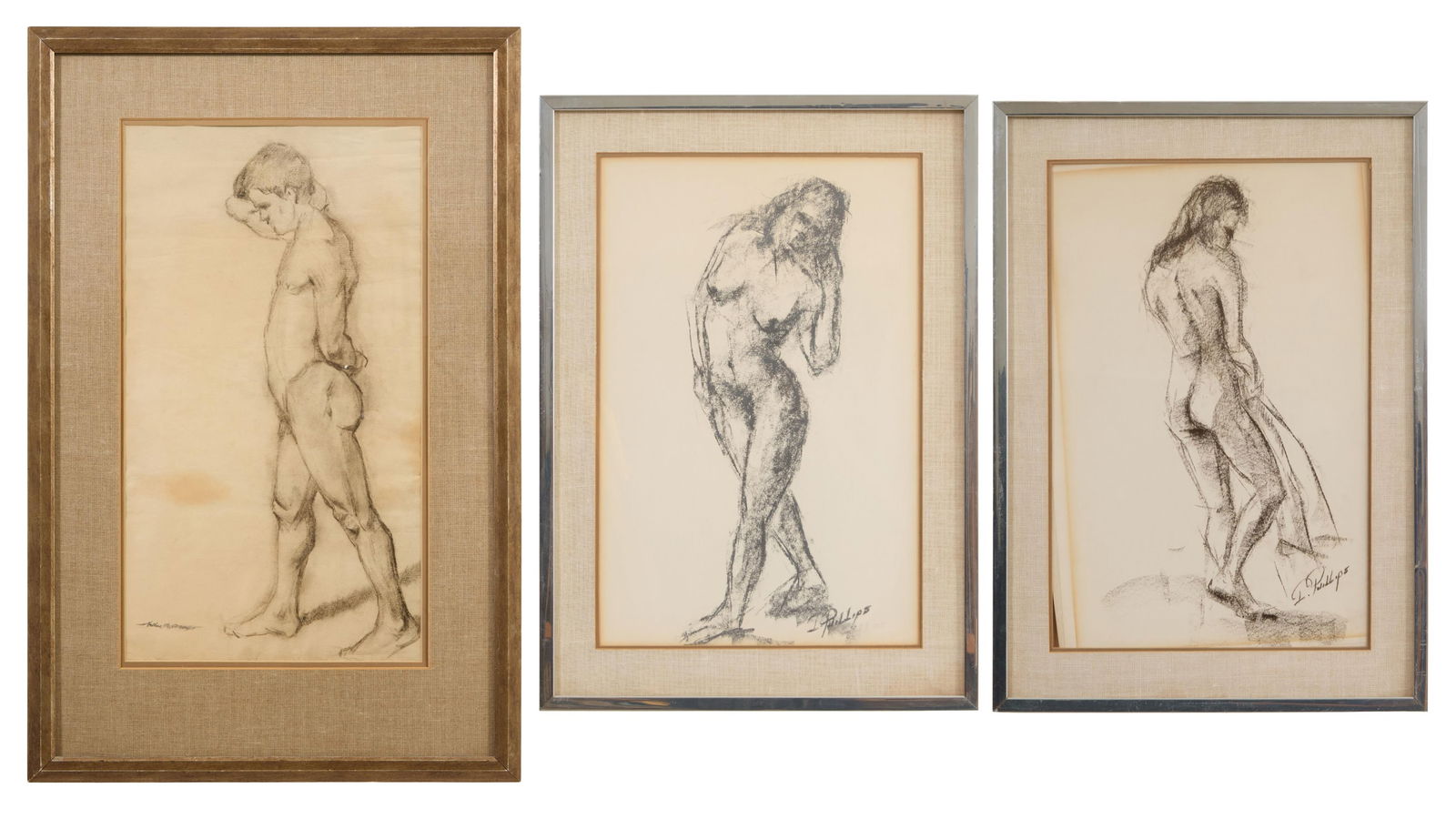 Three Fine Academic Nude Studies, 20th c., Larger Sight- H.- 22 1/4 in., W.- 12 1/4 in., Framed- H.-: Three Fine Academic Nude Studies, 20th c., consisting of a "Standing Male Nude", on laid paper, signed/stamped lower right "Arthur S....gogio", and two "Standing Female Nudes", both signed "I. Phillip