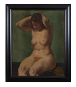 American School (Mid-20th Century), "Seated Female Nude Pulling Hair Back," Sight- H.- 32 in. W.- 36