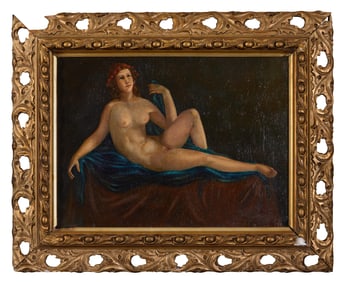 Continental/American School (20th Century), "Reclining Female Nude with Wreath of Roses," Sight- H.-