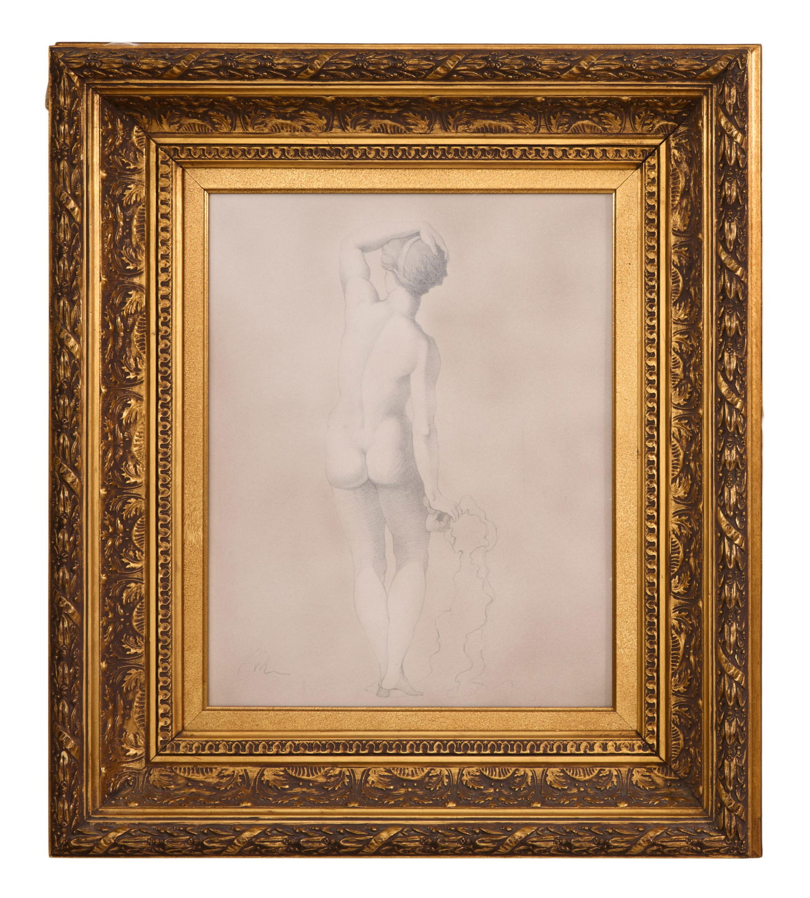 Continental School (20th Century), "Academic Study of a Nude Female from Behind," Sight- H.- 19 1/2: Continental School (20th Century), "Academic Study of a Nude Female from Behind," graphite on paper, indistinctly signed lower left, presented in a gesso and giltwood frame with plexiglass, Sight- H.-