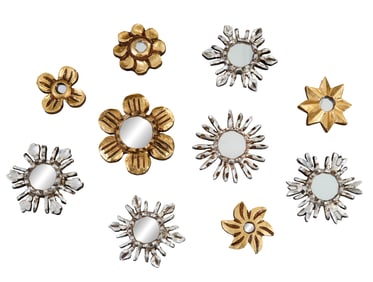 Ten Mini Peruvian Gold and Silver Leaf Accent Mirrors, Largest- H.- 4 3/4 in., W.- 4 7/8 in.,