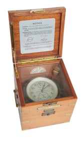 Hamilton Ship's Gimballed Chronometer, 20th c., Case- H.- 7 1/2 in., W.- 7 5/8 in., D.- 7 5/8 in.