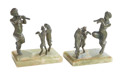 Pair of Patinated Cabinet Bronzes of Pan Playing His Pipes, 20th c., H.- 6 1/2 in., W.- 5 1/2 in.,