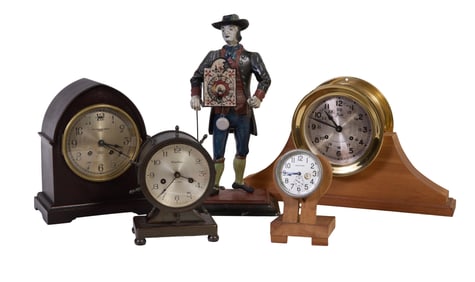 Group of Five Shelf Clocks, early 20th c., Peddler- H.- 15 1/2 in., W.- 8 in., D.- 4 3/4 in. (5