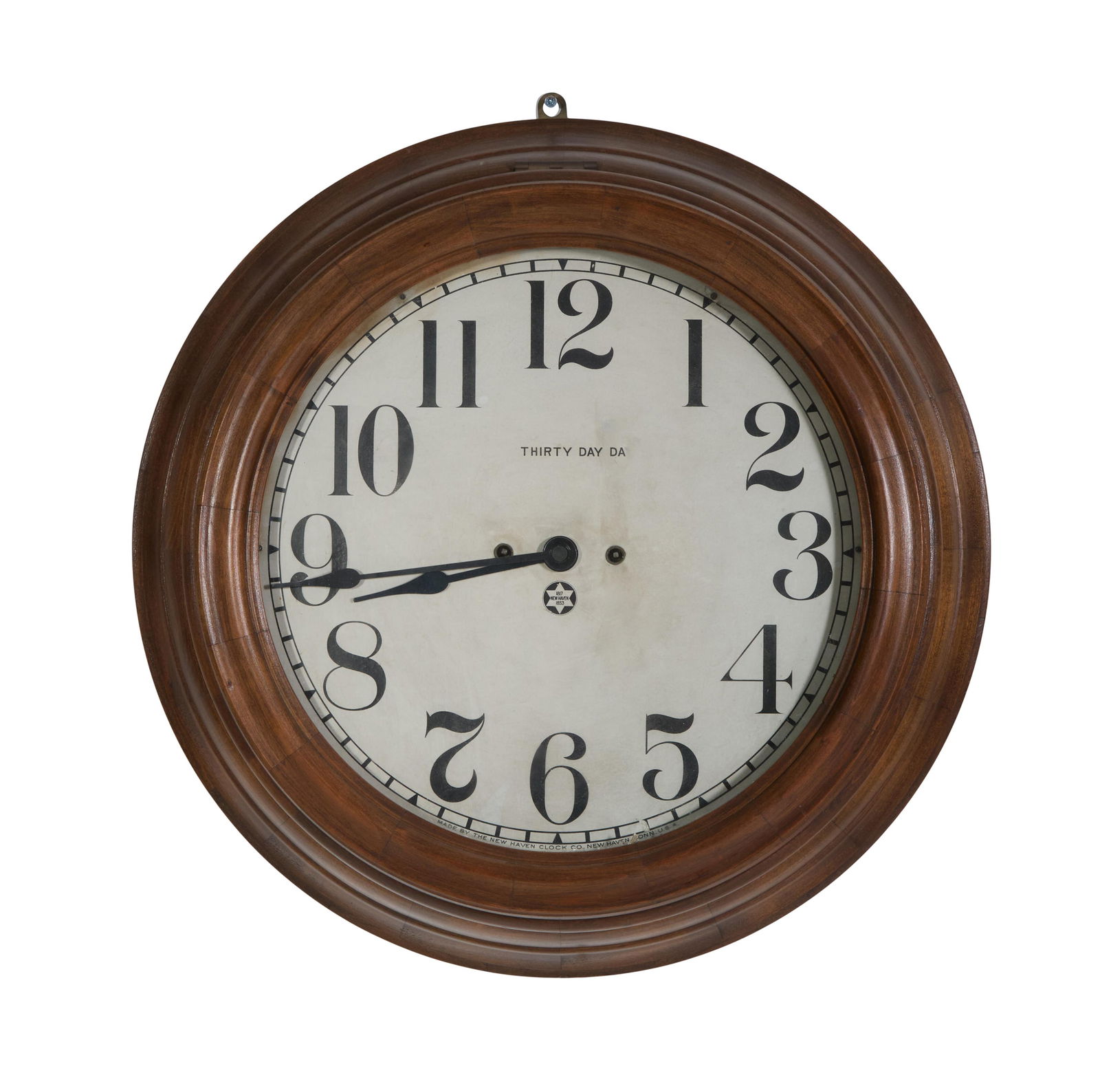 Large Carved Walnut Thirty Day New Haven Wall Clock, 19th c., H.- 6 in., Dia.- 21 in.: Large Carved Walnut Thirty Day New Haven Wall Clock, 19th c., time and strike, H.- 6 in., Dia.- 21 in.