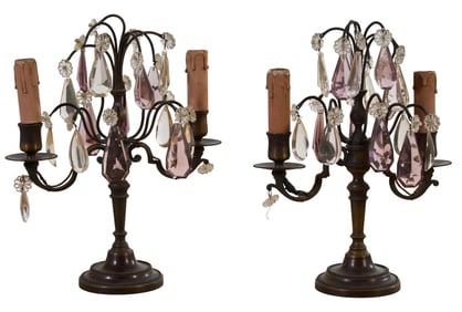 Pair of Crystal and Metal Girandole Lamps, 20th c., H.- 12 in., Dia.- 6 in. (2 Pcs.)