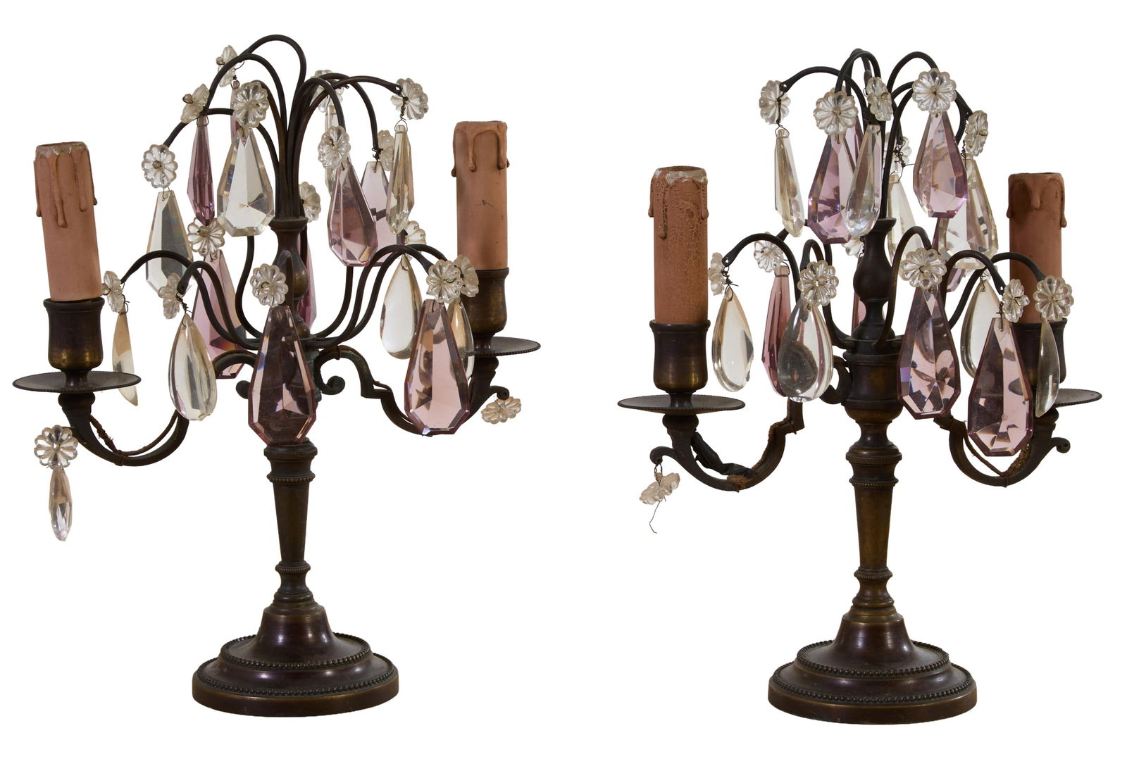 Pair of Crystal and Metal Girandole Lamps, 20th c., H.- 12 in., Dia.- 6 in. (2 Pcs.): Pair of Crystal and Metal Girandole Lamps, 20th c., with amethyst and clear crystal pendants, two lights each, electrified, H.- 12 in., Dia.- 6 in. (2 Pcs.)