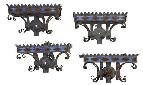 Four Gothic Inspired Iron & Glass Sconces, 20th c., H.- 11 3/4 in., W.- 21 in., D.- 8 in. (4 Pcs.)