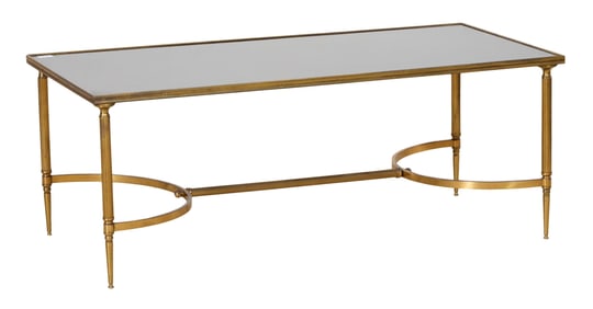 French Mid Century Modern Black Glass and Brass Low Table, mid 20th c., H.- 18 1/2 in., W.- 47 1/2
